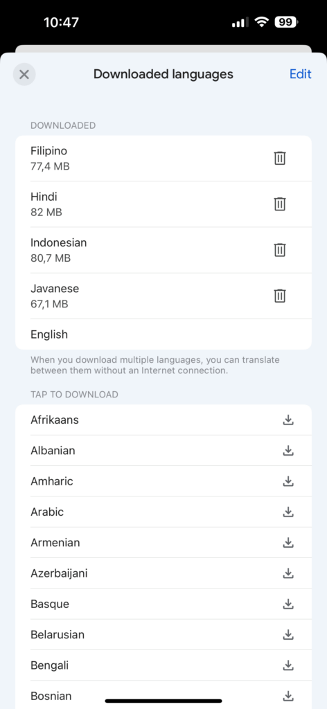 google translate app saved languages